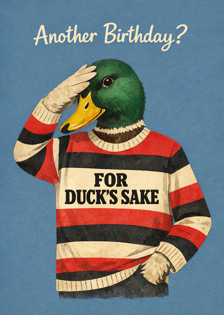 Duck in striped sweater saluting under Another Birthday? and For Duck's Sake text on blue.