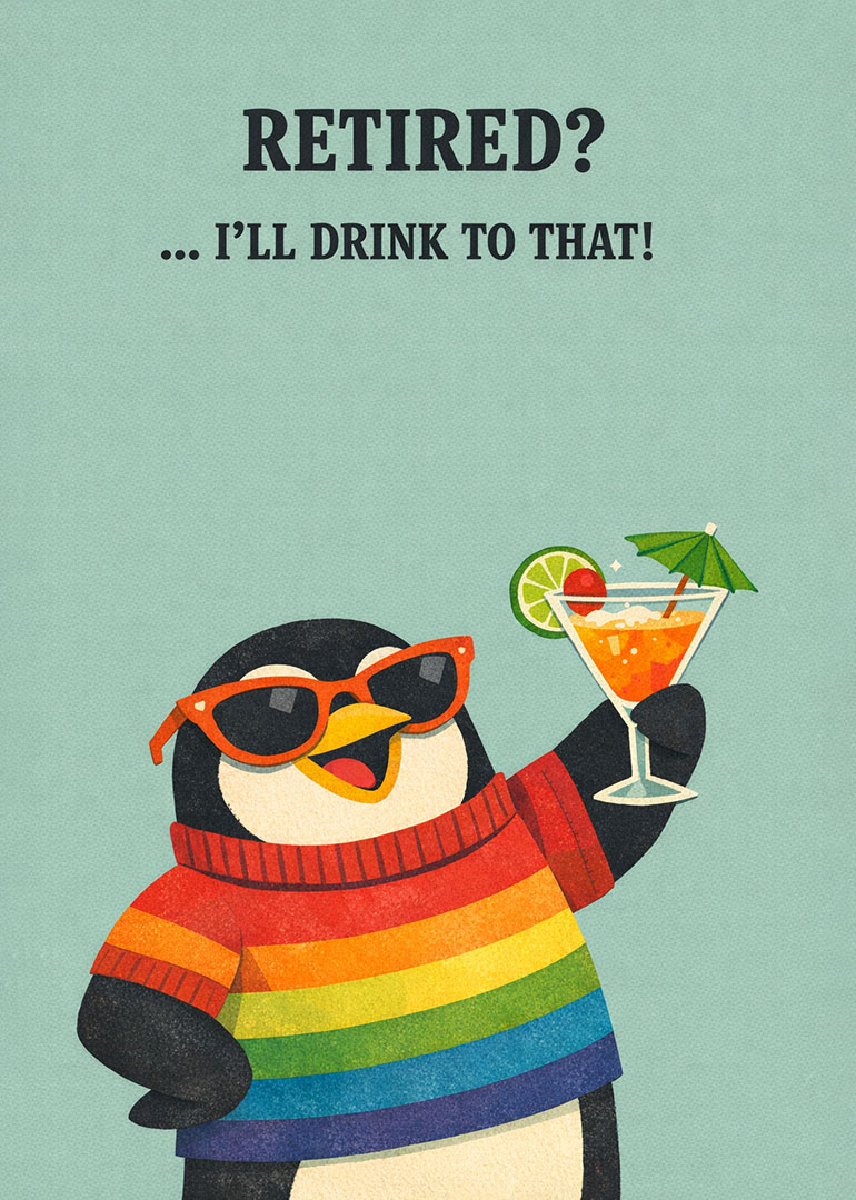 Penguin in rainbow sweater holding cocktail with umbrella retirement card