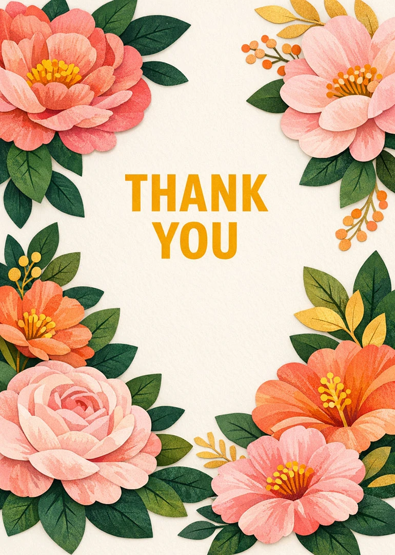 Pink and coral paper flowers frame the words Thank You on a soft cream background.