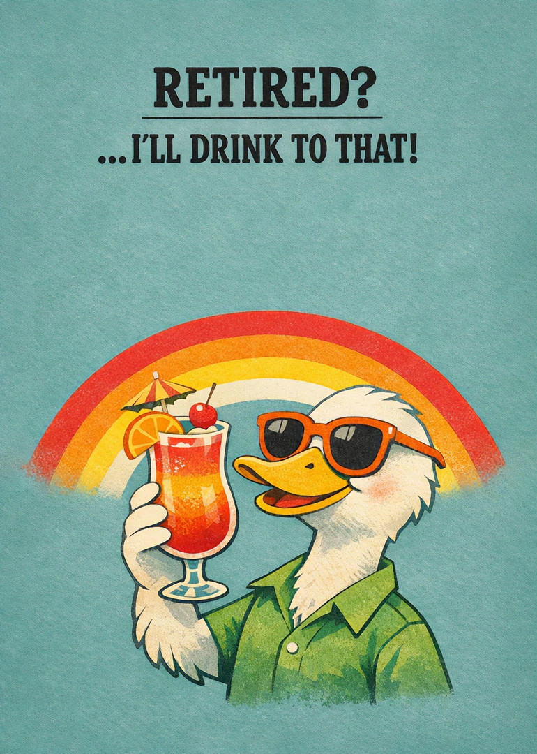 Duck in sunglasses raises a tropical cocktail beneath a rainbow with a retired toast slogan.