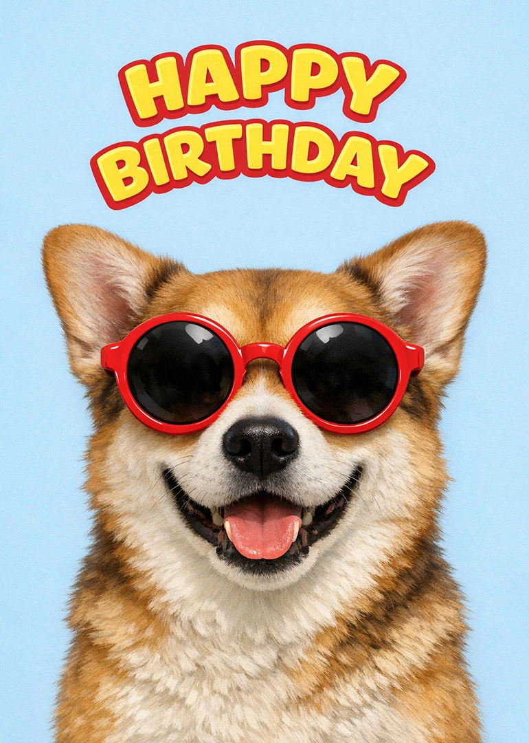 Smiling corgi wearing red sunglasses under Happy Birthday text on a light blue background card.
