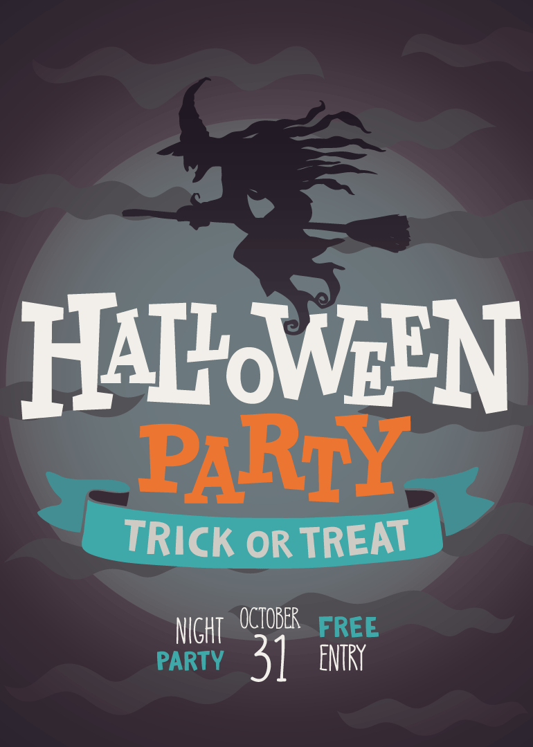 Halloween party card with witch flying on broomstick and trick or treat text