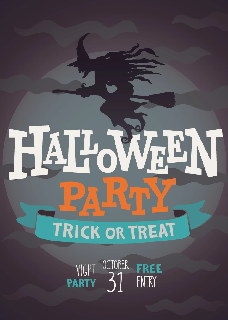 Witch silhouette flies over Halloween text with trick or treat, night party, and free entry.