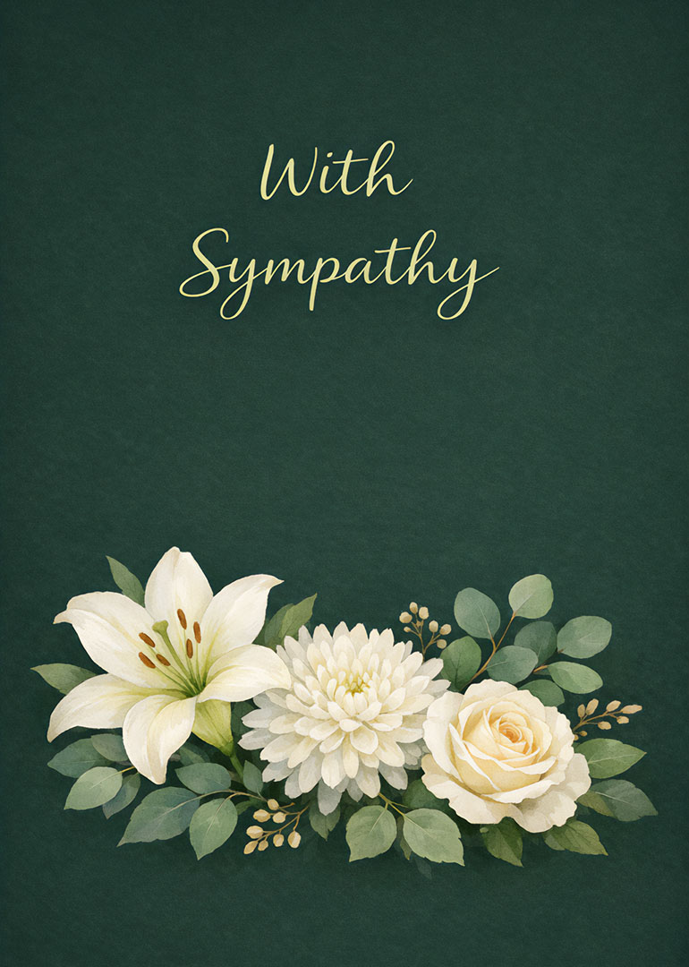 Sympathy card with white lily chrysanthemum rose and green leaves on dark green background