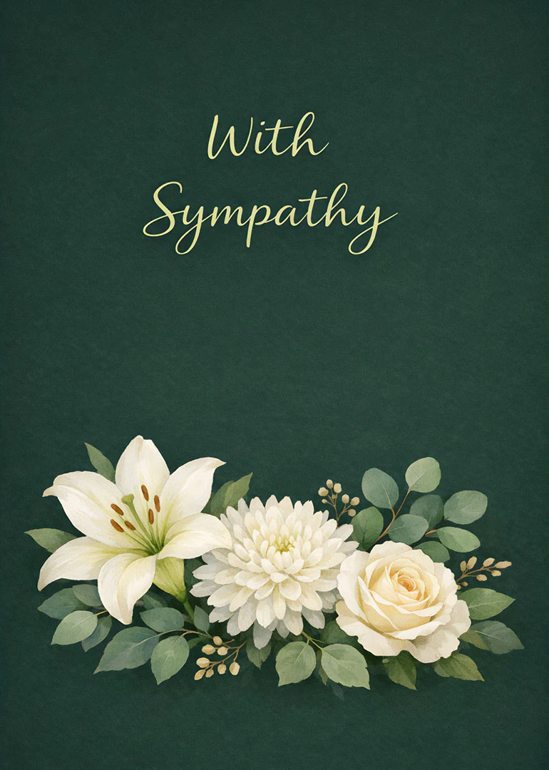 Dark green sympathy card with white lilies, rose, chrysanthemum, and the words With Sympathy front.
