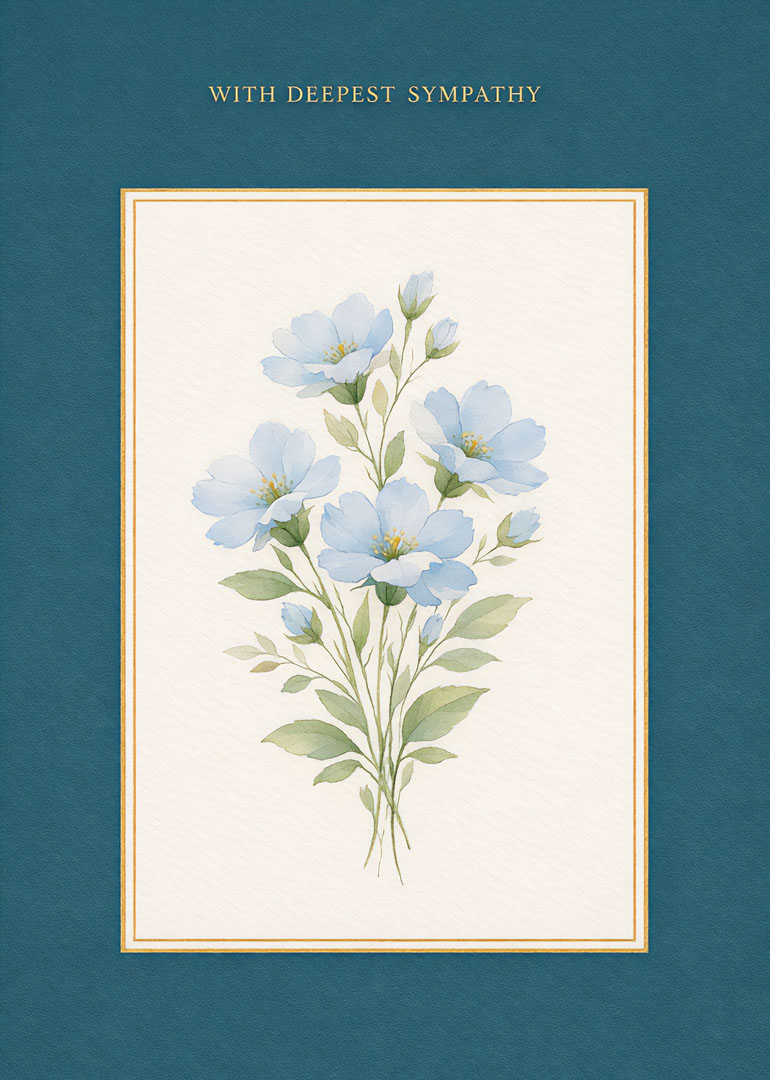 Sympathy card with delicate blue flowers on soft cream and teal background