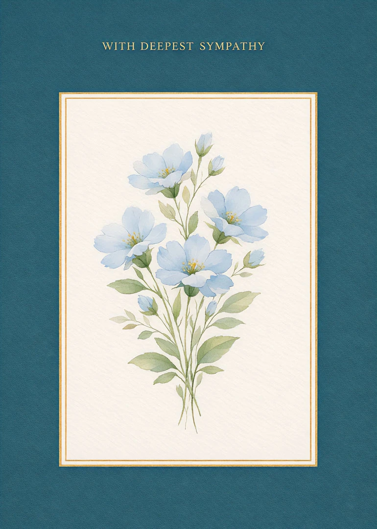 Blue watercolor flowers on a teal sympathy card with gold border and deepest sympathy text.