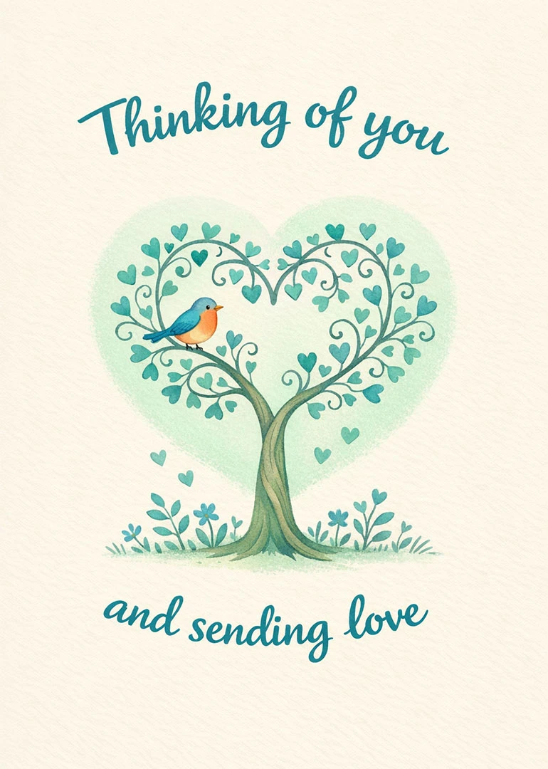 Teal heart-shaped tree with bird and floral details, reading Thinking of you and sending love.