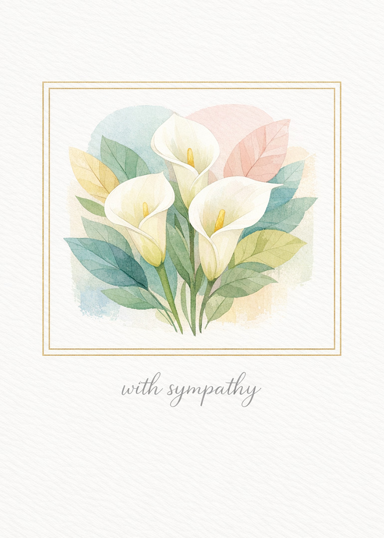 Sympathy card with watercolor calla lilies and pastel leaves in soft tones