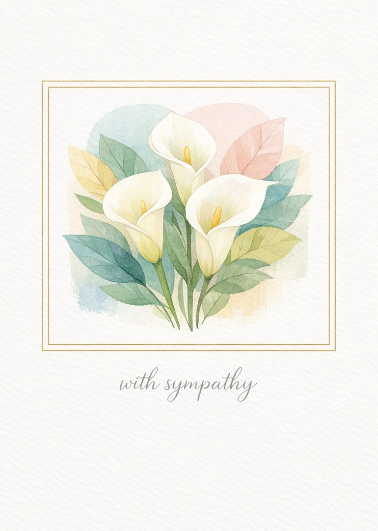 Watercolor calla lilies and pastel leaves framed in gold with sympathy text delicately centered below.