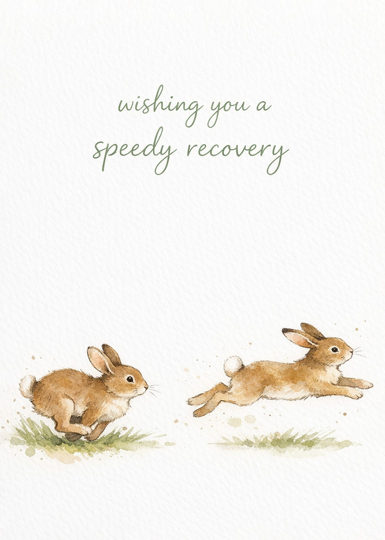 Watercolor painting of two rabbits with a speedy recovery message