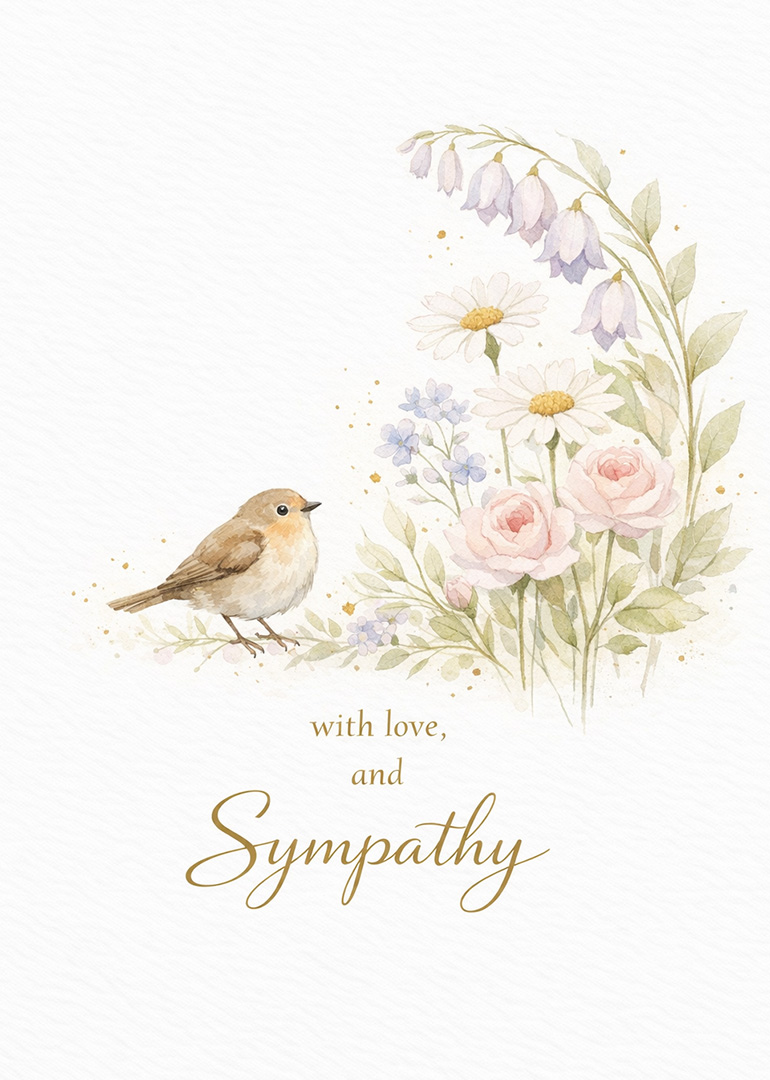 Watercolor sympathy card with bird and pastel flowers and gold lettering