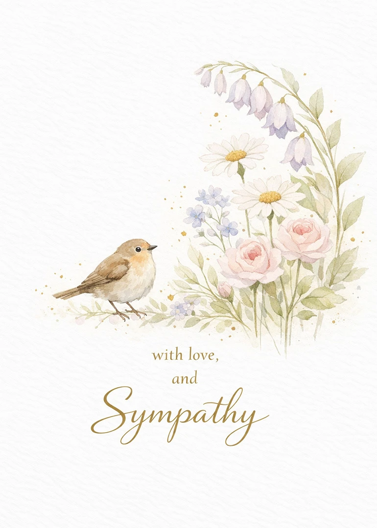 Watercolor bird beside soft flowers with the words with love and sympathy.