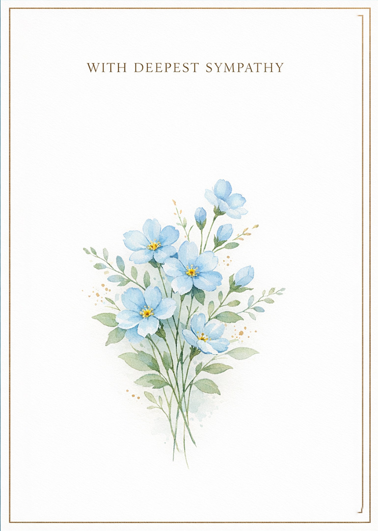 Sympathy card with blue flowers and gold border on white background
