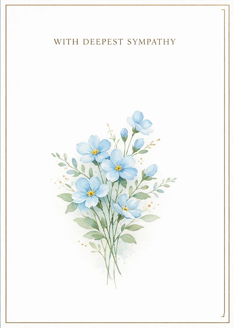 White sympathy card with blue watercolor flowers, gold border, and deepest sympathy text centered above.