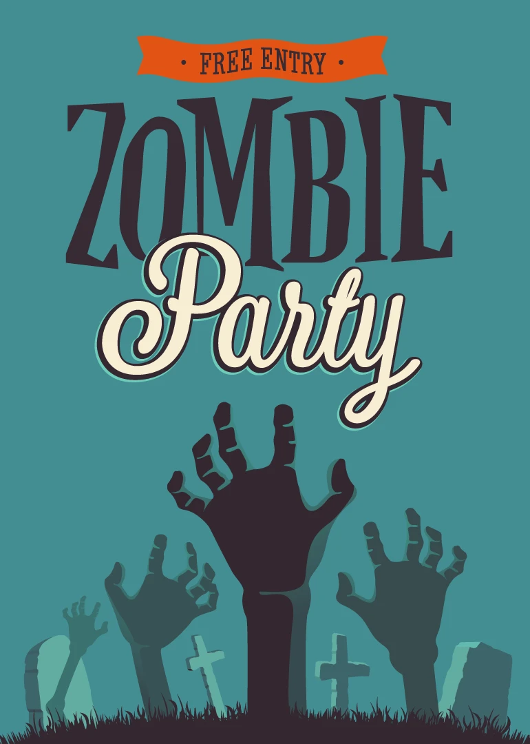 Free entry zombie party card with graveyard hands, spooky teal background, and bold retro lettering.