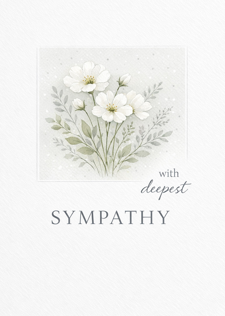 White flowers bouquet with delicate leaves and deepest sympathy message