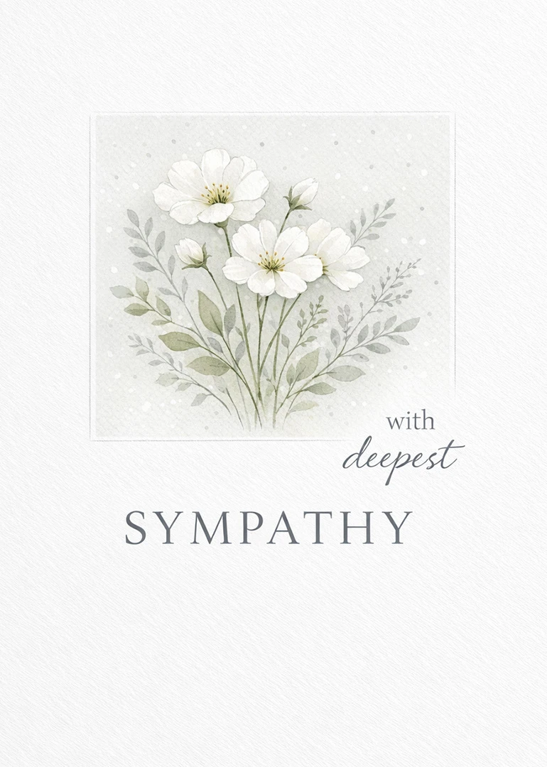 White watercolor flowers and leaves with deepest sympathy text on a soft grey sympathy card.