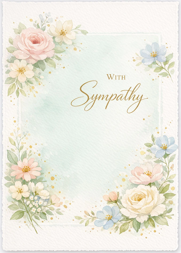 Pastel watercolor flowers frame a card reading With Sympathy in elegant gold script.
