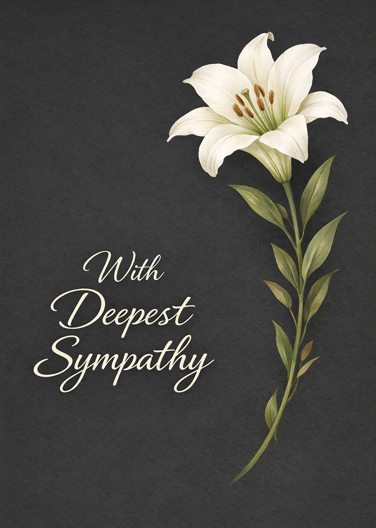 White lily on charcoal background with With Deepest Sympathy text in elegant script at left.
