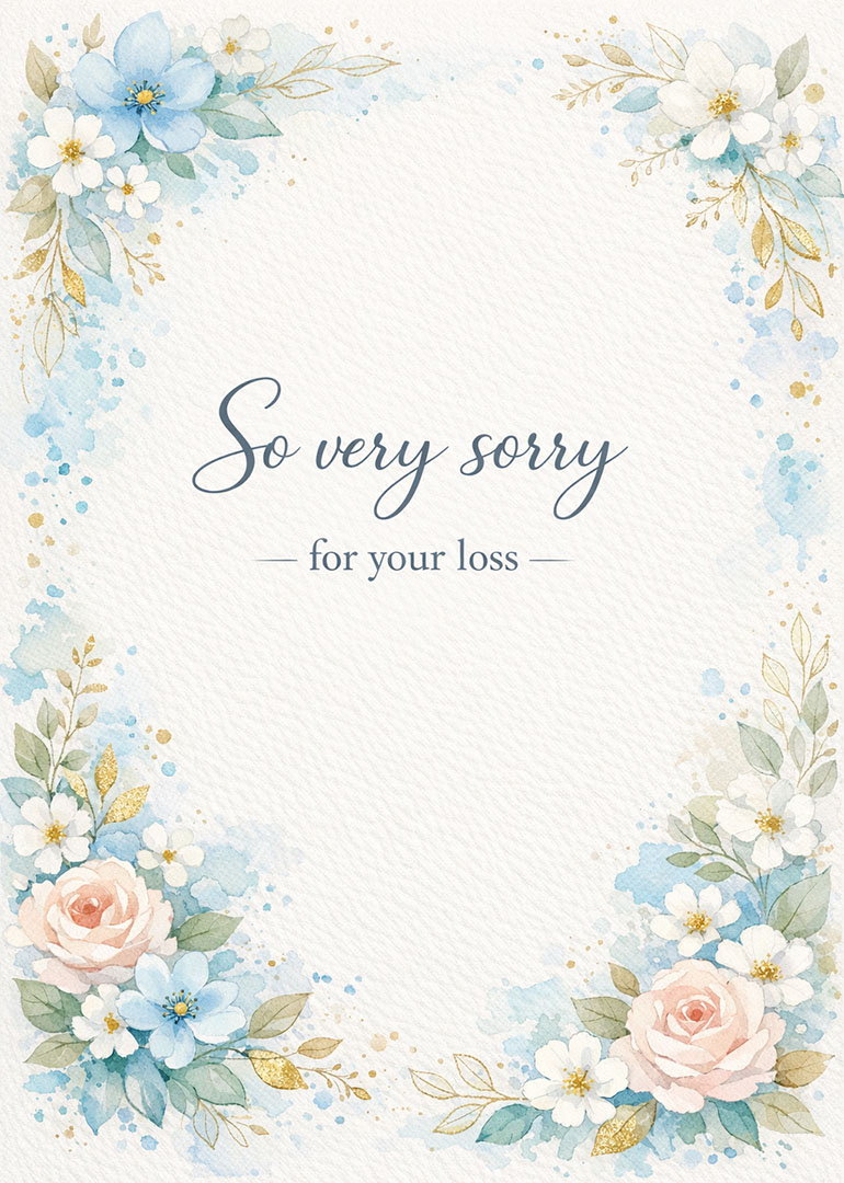 Sympathy card with pastel flowers and heartfelt message saying sorry for your loss