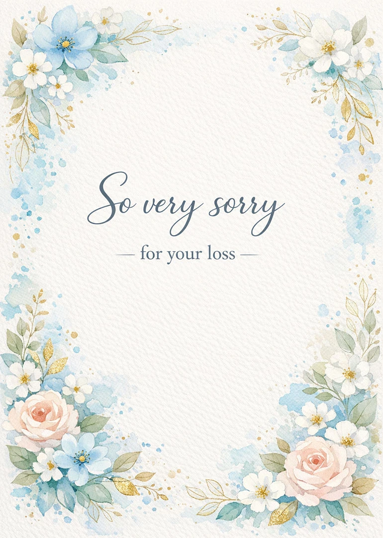 Watercolor floral sympathy card with blue blossoms and message So very sorry for your loss.