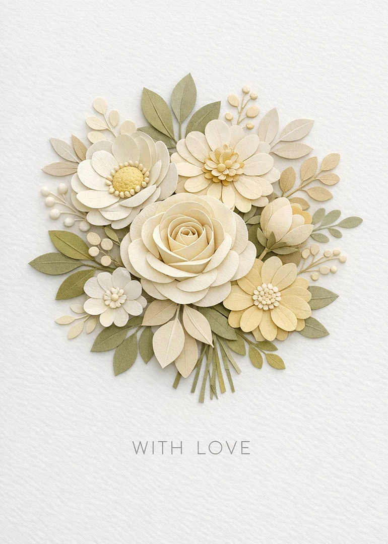 Paper flower bouquet in cream and sage with With Love text on textured white background.