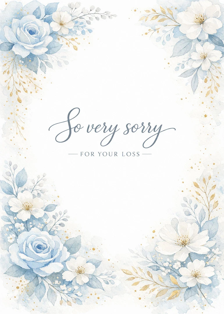 Watercolor blue and white floral sympathy card reading So very sorry for your loss gracefully.
