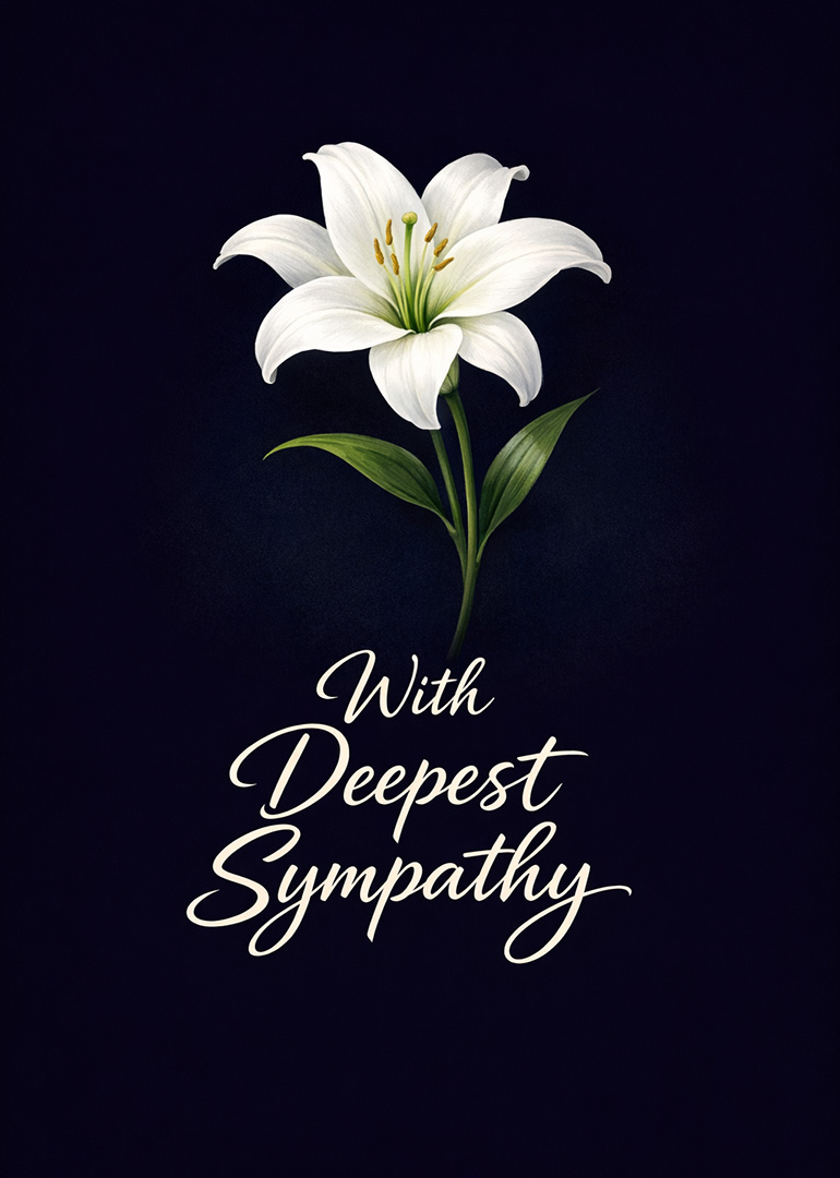 White lily flower on dark background with deepest sympathy text