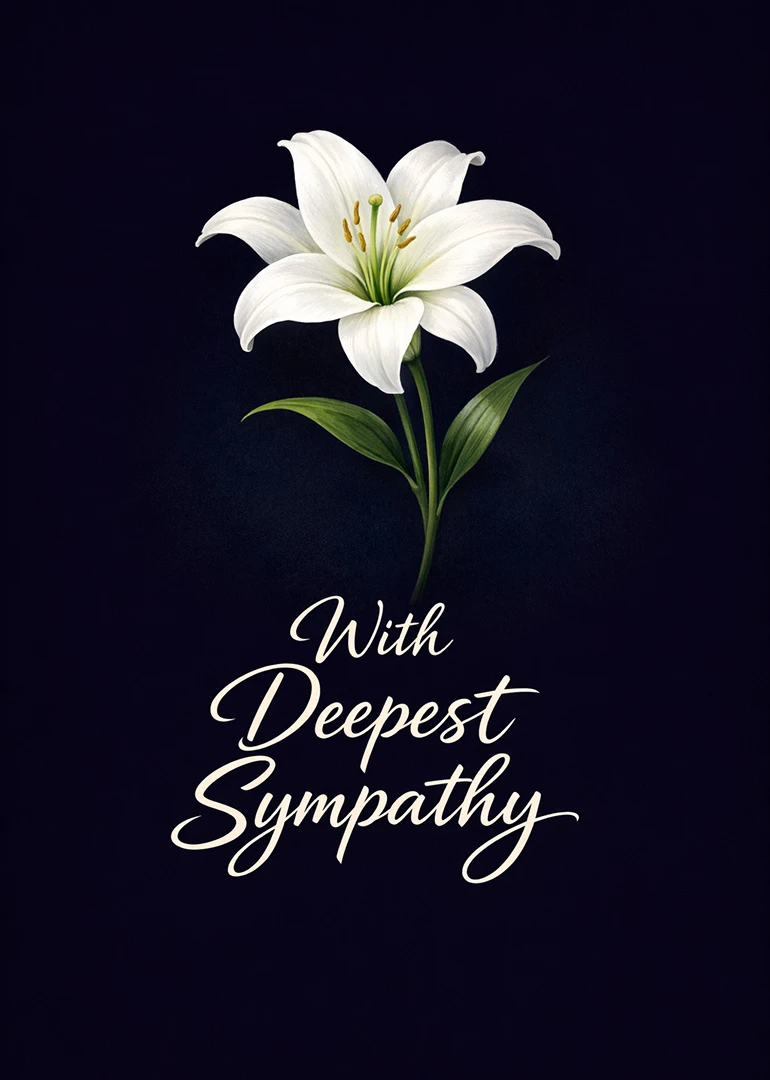 White lily on a dark background with the words With Deepest Sympathy in elegant script.