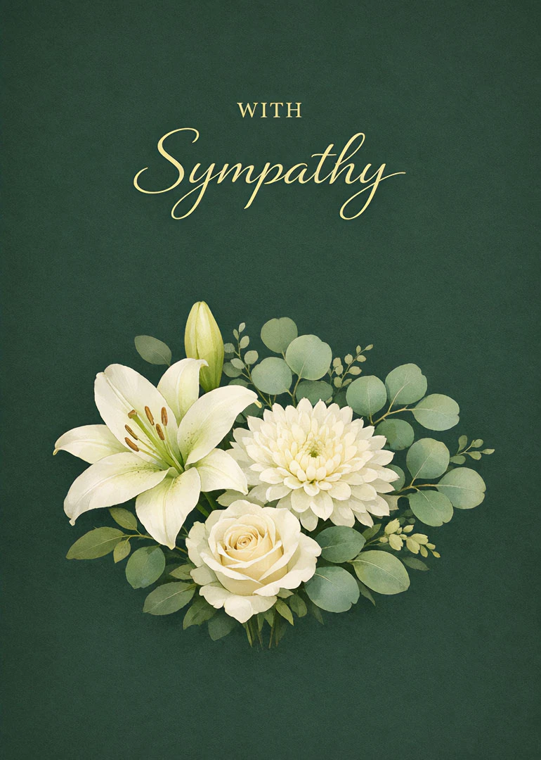 Dark green sympathy card with white lilies, chrysanthemum, rose, and gold script lettering above centered.
