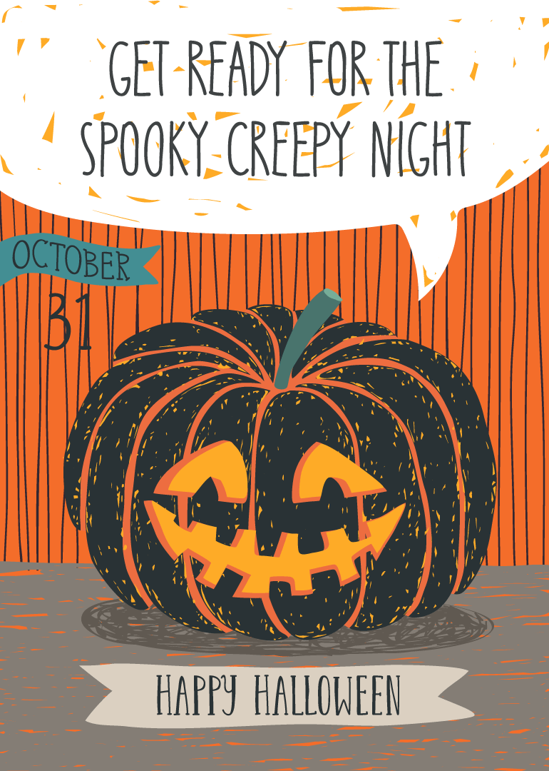 Halloween card with spooky pumpkin and happy Halloween greeting