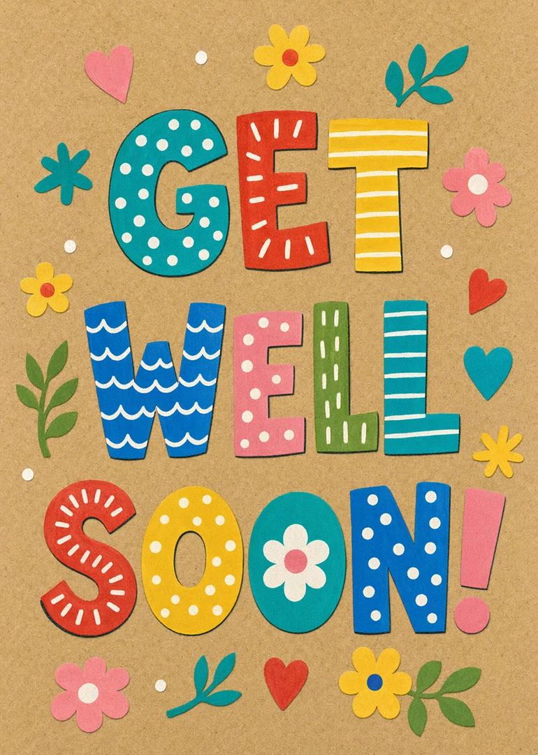 Colorful paper cutout Get Well Soon card with flowers, hearts, and playful patterned letters design.