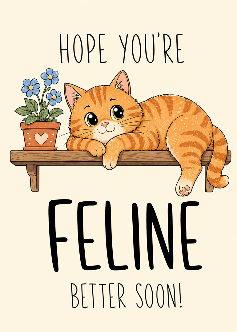 Illustration of a happy orange tabby cat resting next to blue flowers on wooden shelf