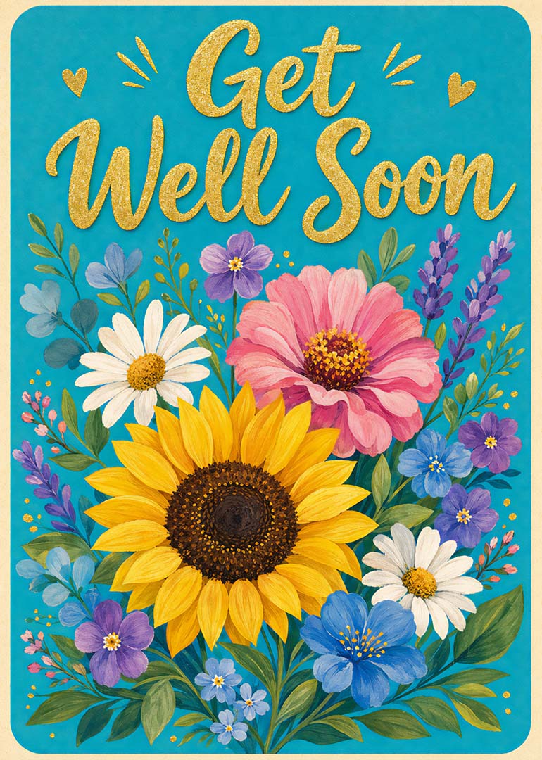 Get well soon card with colorful sunflower and daisies bouquet on blue background