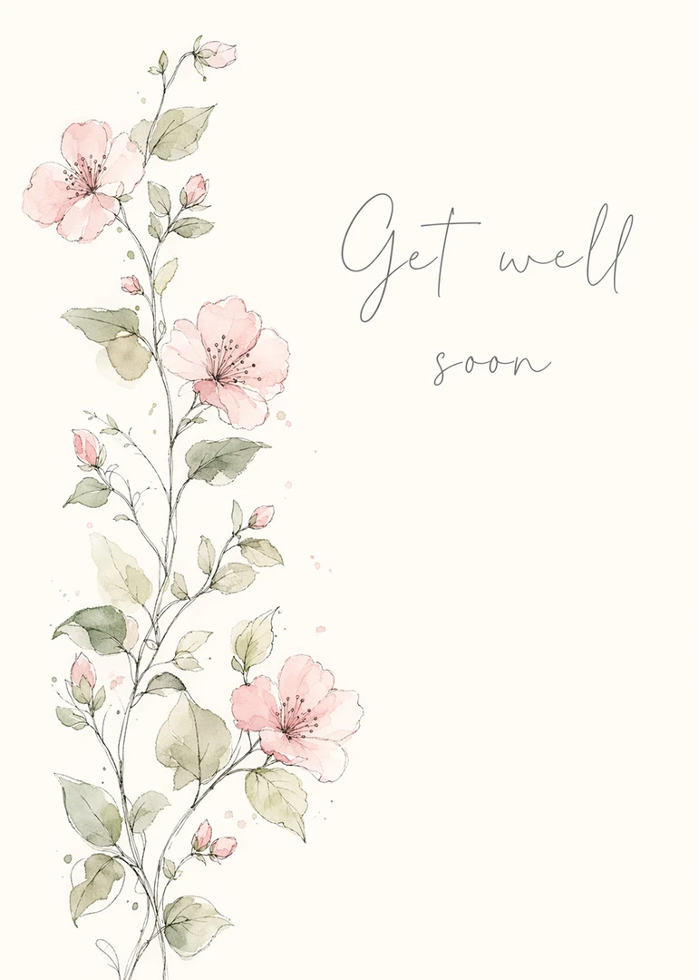 Watercolor pink blossoms and green vines with Get well soon text on a cream background.