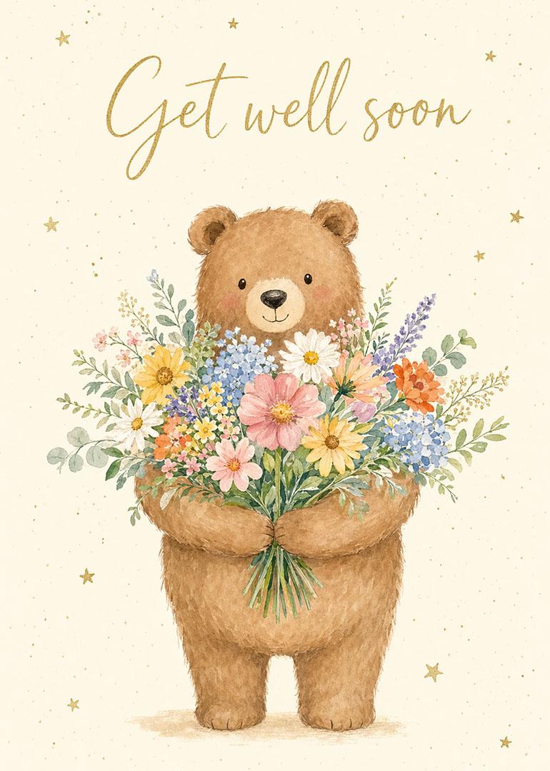 Cute bear holding colorful bouquet of flowers with get well soon text