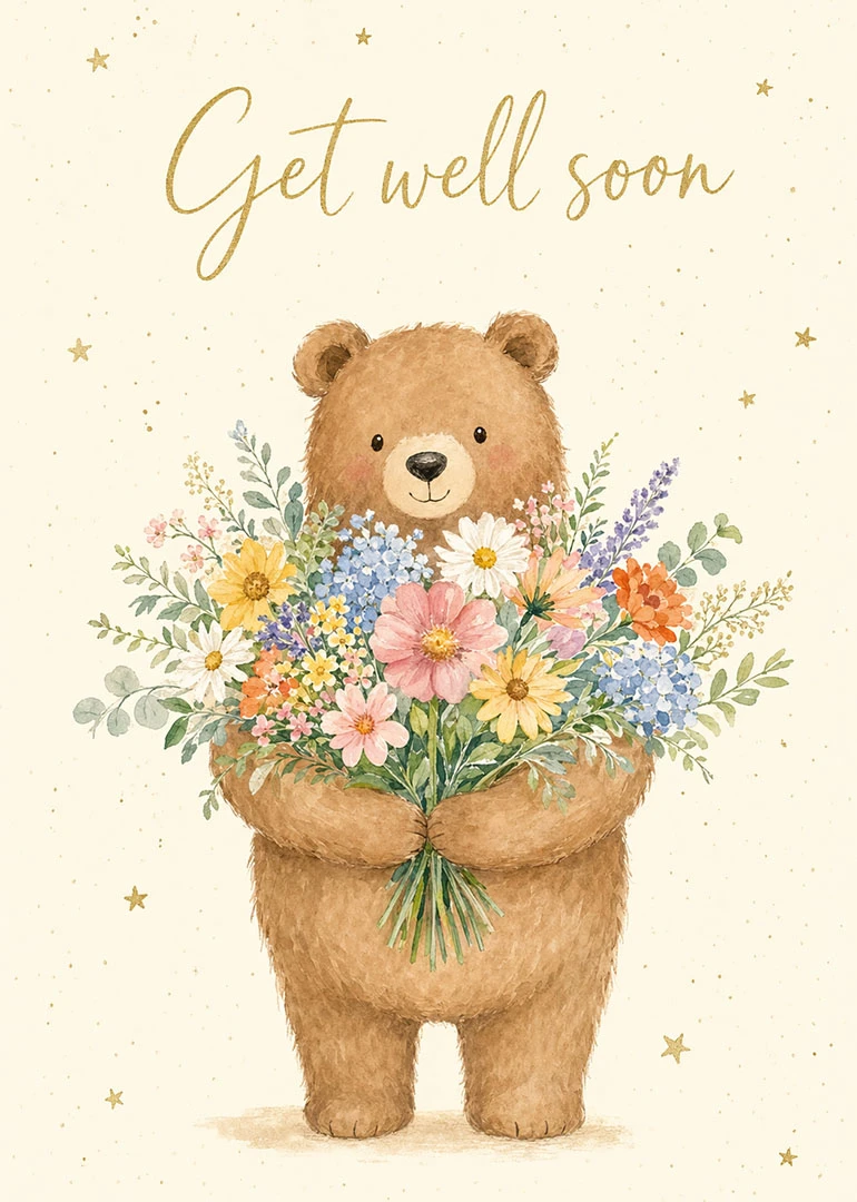 A teddy bear holds colorful flowers beneath the words Get well soon on cream background.