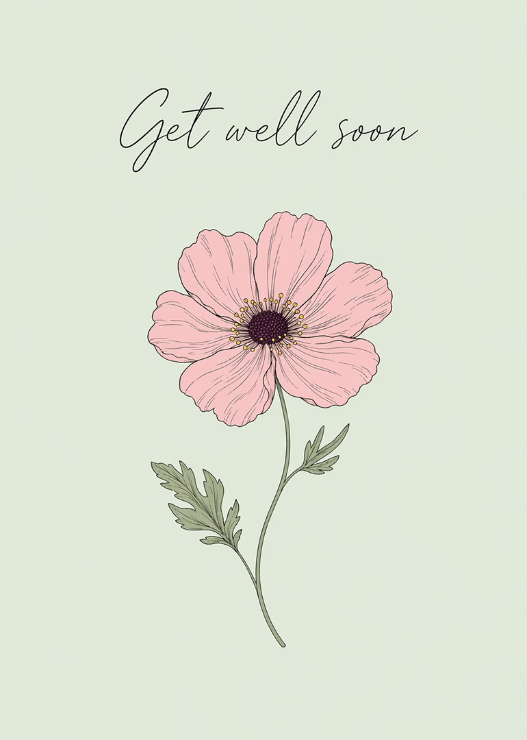 Pink flower illustration with get well soon text on light background
