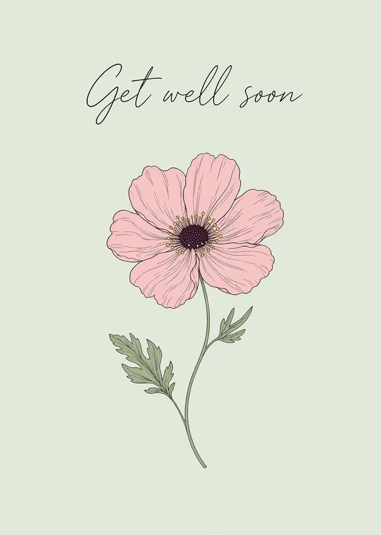 Pastel pink flower on pale green background with Get well soon text in elegant script.