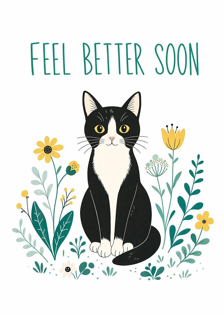 A black and white cat sits among flowers with Feel Better Soon text above design.