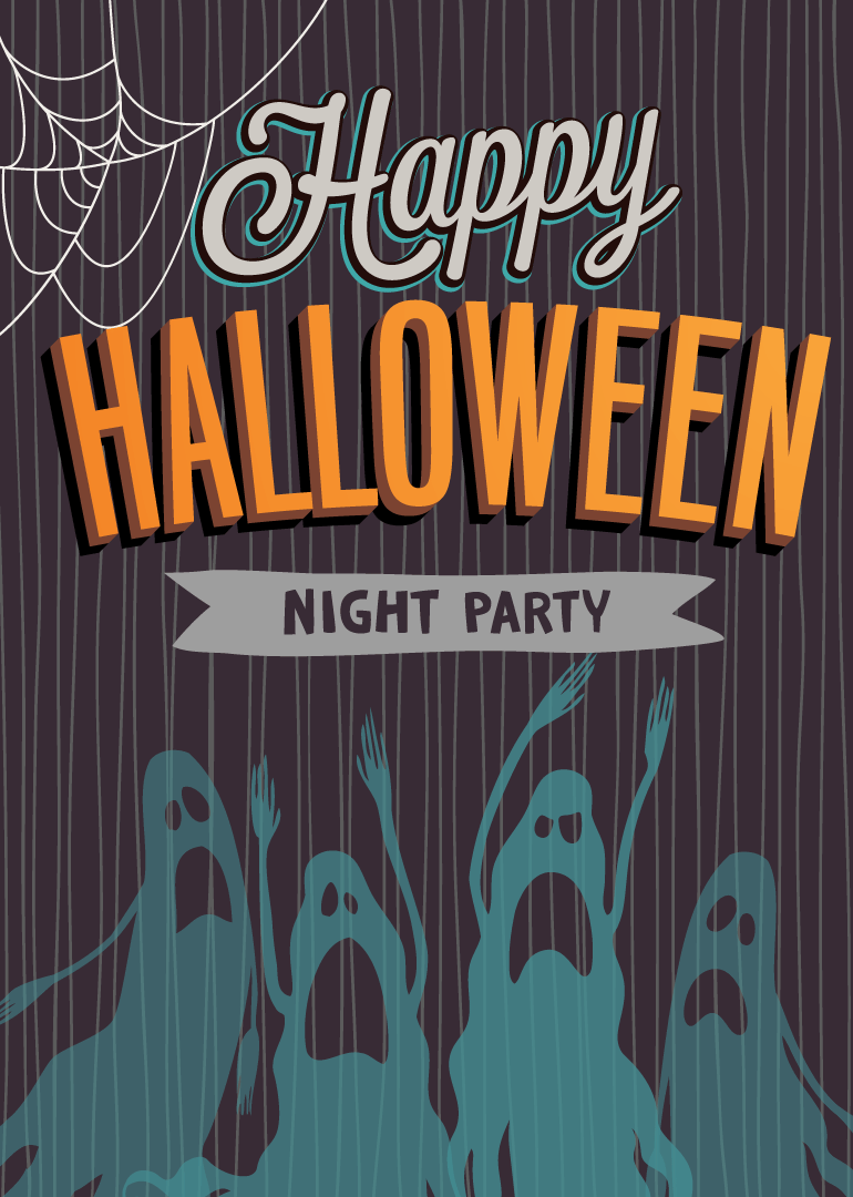 Halloween card with ghosts, spider web, and night party text on dark background