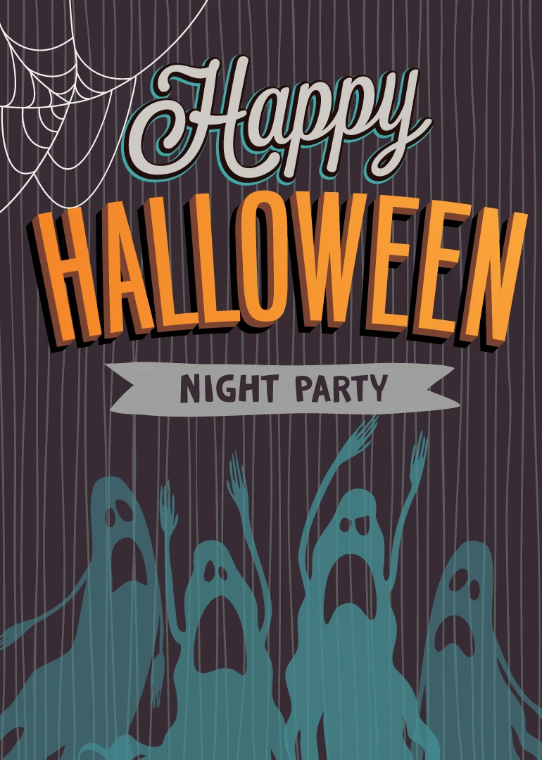 Happy Halloween night party card with spooky ghosts, spider webs, and bold orange lettering design.