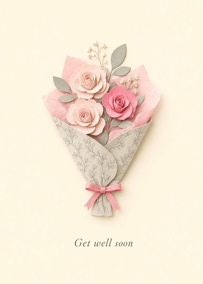 A pink paper flower bouquet with the words Get well soon on a cream background.