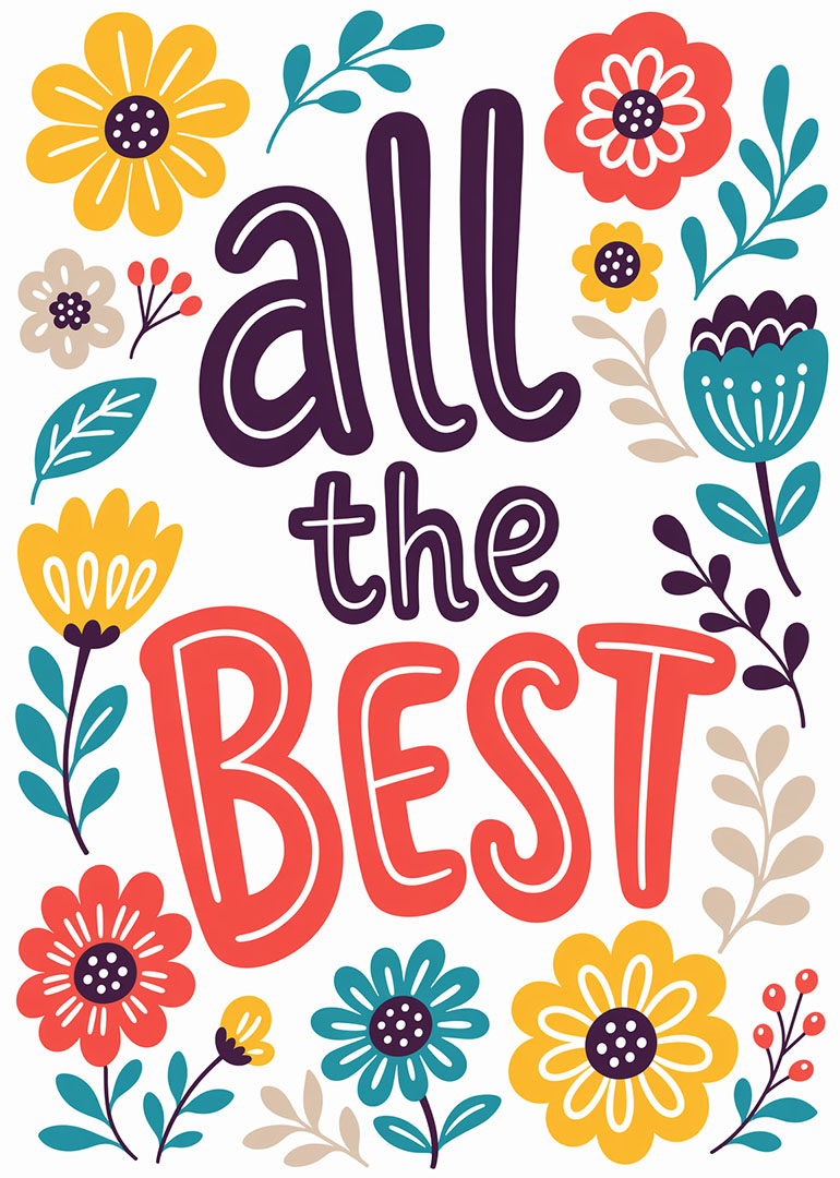 Colorful card with bold 'all the best' text surrounded by vibrant flowers