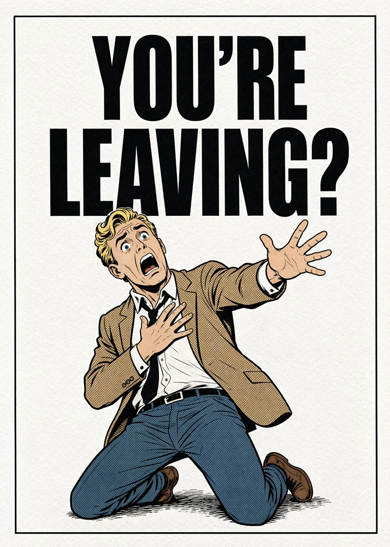 Shocked kneeling man in a suit beneath the words You're Leaving?