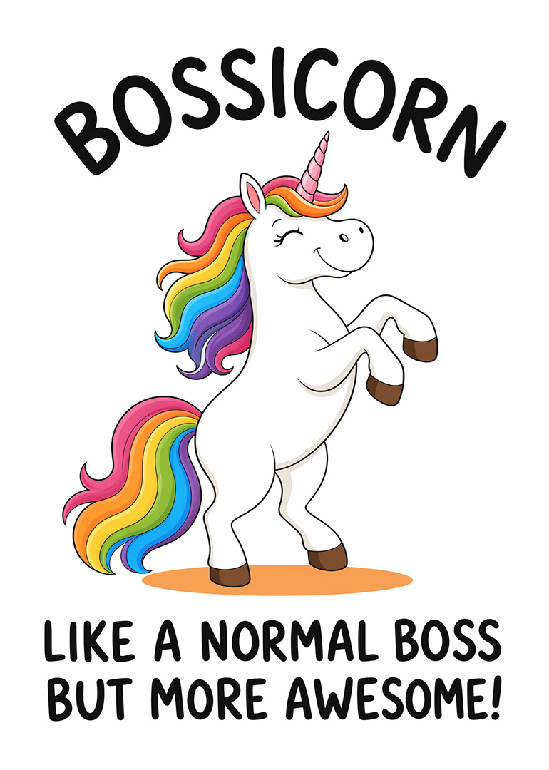 White unicorn with rainbow mane rearing with bossicorn text