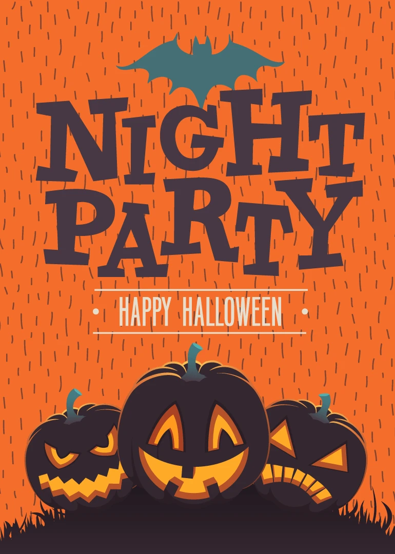 Orange Halloween card with bat icon, bold Night Party text, Happy Halloween, and smiling pumpkins.