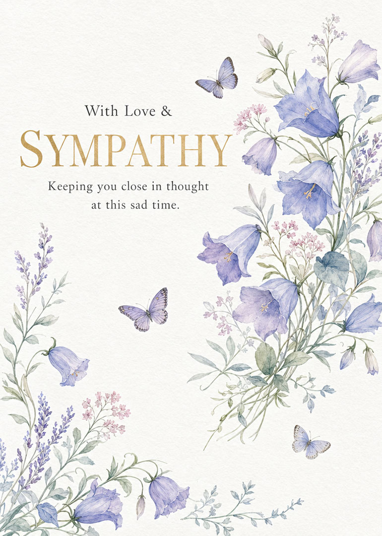 Sympathy card with blue flowers, butterflies and caring message
