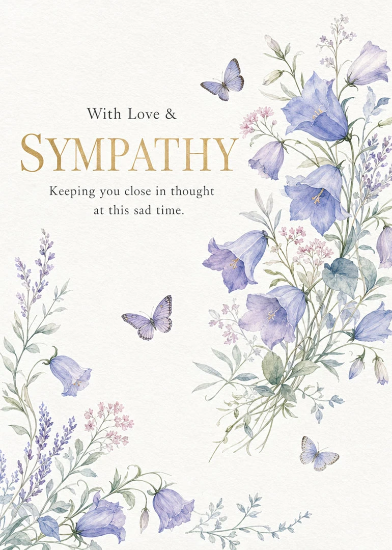 Watercolor sympathy card with blue flowers, butterflies, and text saying with love and sympathy message.